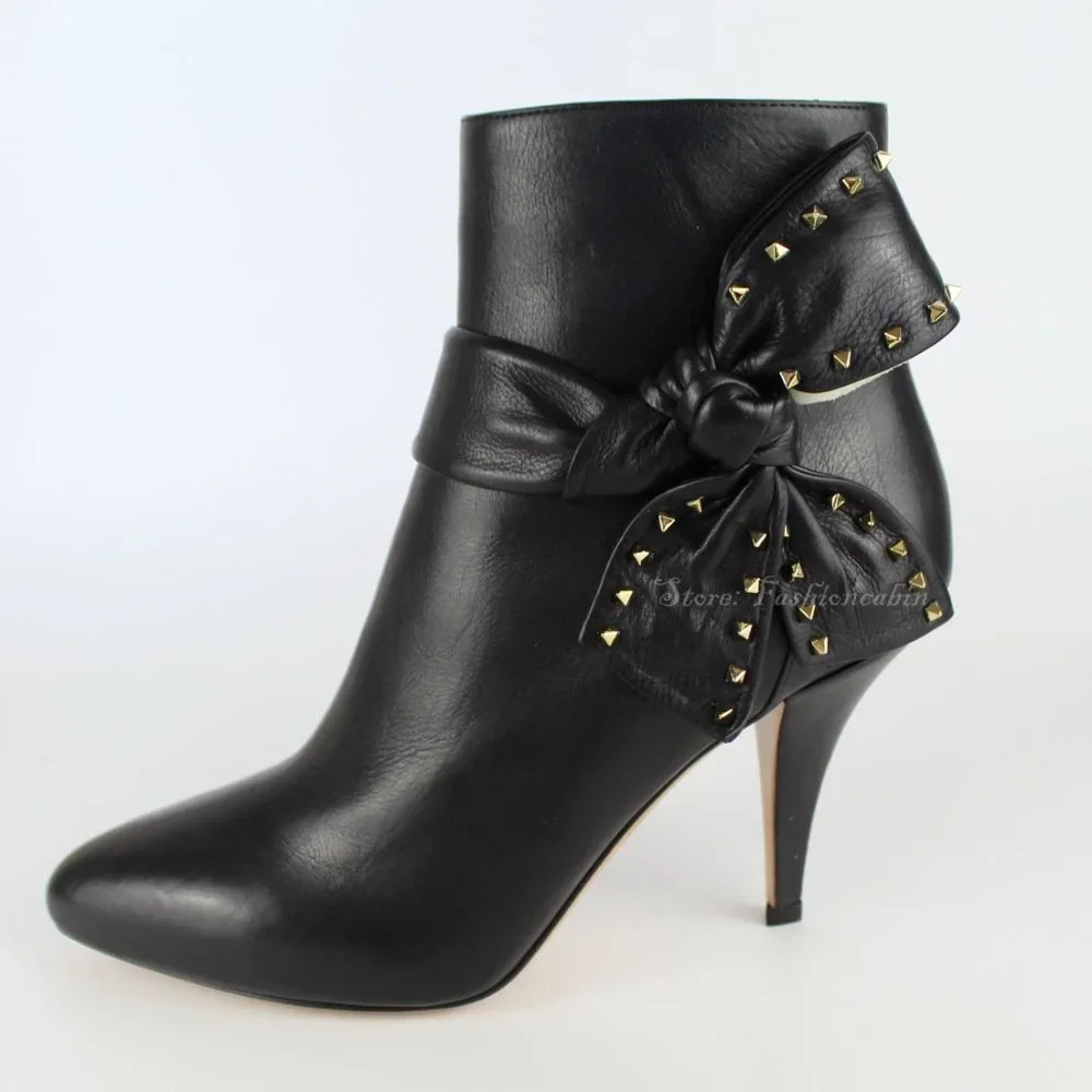 NEW Valentino Garavani Rockstud Leather Boots, Black, EU 38.5, Zip Closure, Bow